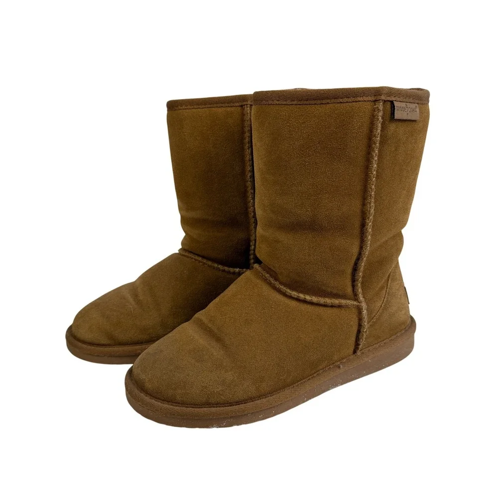 Minnetonka‎ Suede Sheepskin Lined Boots Brown Moc Toe Womens Size 6 Winter Cozy